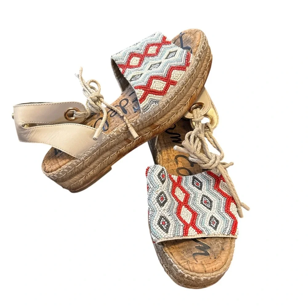 Sam Edelman‎ Espadrille Sandals Womens 9 Beige Beaded Lace-Up Platform Boho